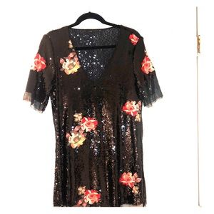 Mini black sequin dress with floral embroidery